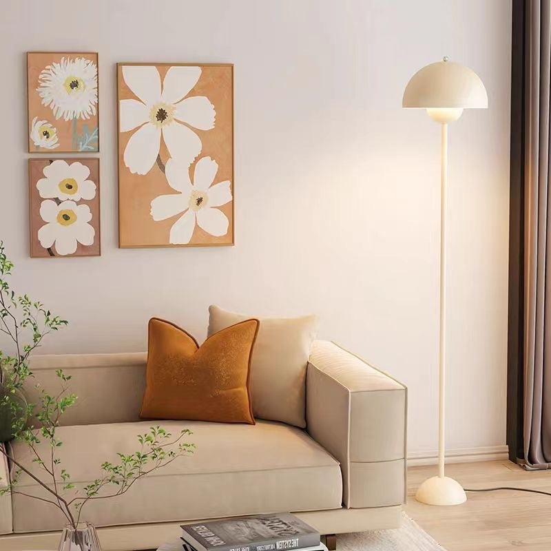 Nordic minimalist cream-colored decorative floor lamp for living room and bedroom, metal body, modern style.